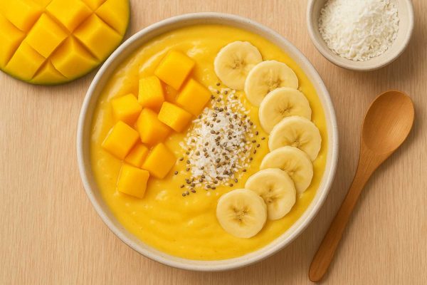 Bol de smoothie tropical avec des rondelles de banane et des morceaux de mangue