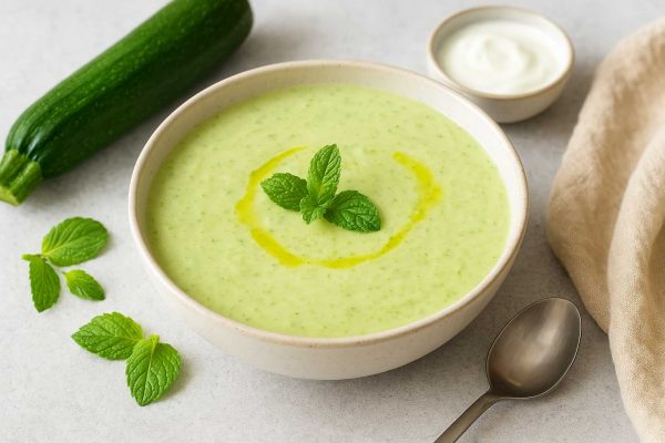 Bol de soupe froide au concombre avec des feuilles de menthe