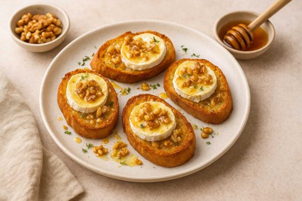 Quatre tartine de chèvre parsemées de noix et recouvertes de miel
