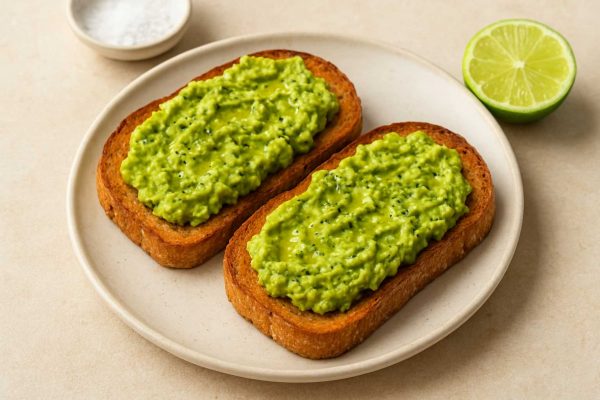 Deux toasts à l'avocat dans une assiette