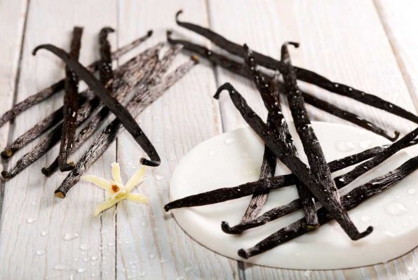 Plusieurs gousses de vanille et une fleur de vanille