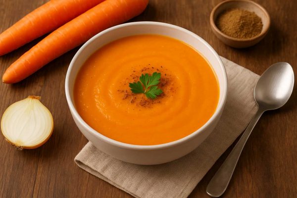 Bol de velouté de carottes au cumin avec une feuille de persil