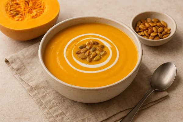 Bol de velouté de courge avec un trait de crème et des graines de courges grillées