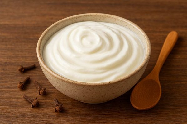 Bol de yaourt grec, une cuillère en bois et des clous de girofle à côté