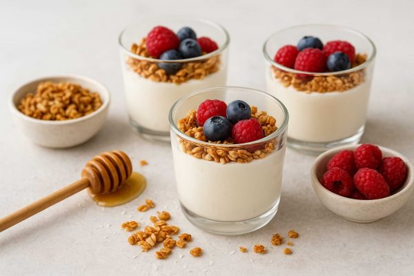 Trois verrines de yaourt au granola avec des fruits rouges