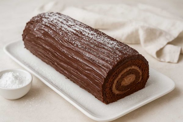 Bûche chocolat noisette dans un plat
