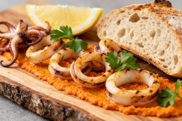 Calamars à la plancha et sauce romanesco sur une planche de bois