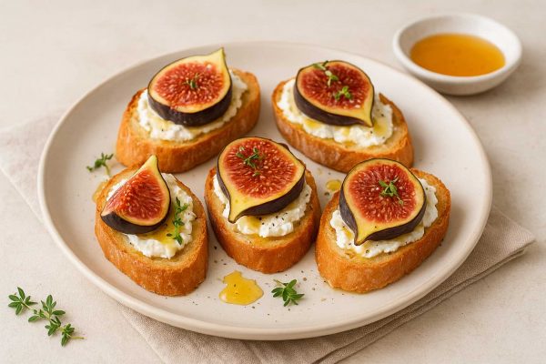 Cinq crostinis surmontés d'une demi figue chacun