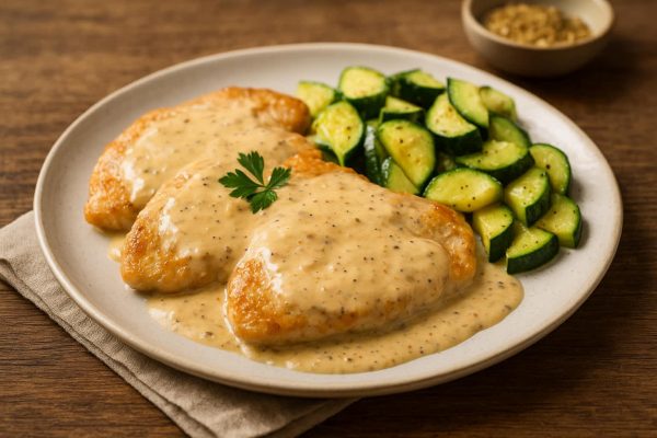 Assiette d'escalopes de dinde avec des courgettes