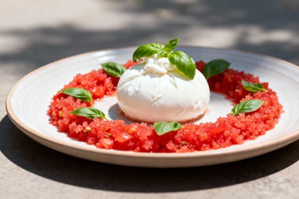 Cercle de granité de tomate dans une assiette avec une burrata