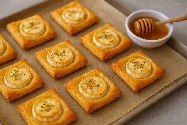 Mini feuilletés au chèvre sur une plaque de four avec une coupelle de miel à côté