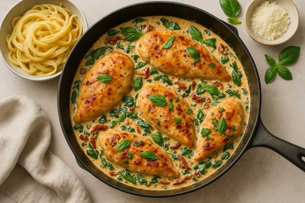 Poêle de poulet crémeux à la toscane