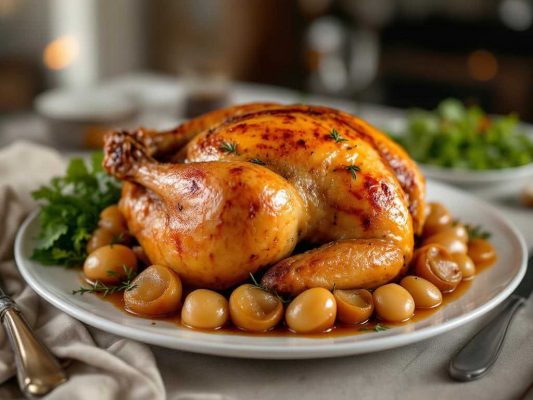 Poulet rôti dans une assiette entouré de châtaignes