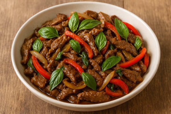 Assiette de sauté de boeuf thaï avec des feuilles de basilic thaï