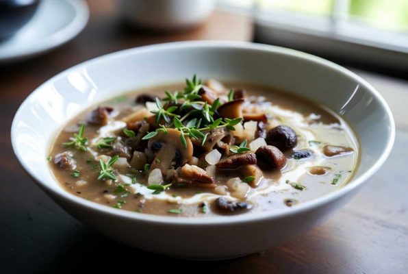 Assiette de soupe aux champignons parsemée de thym