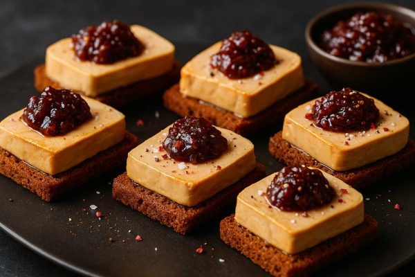 Toasts de pain d’épices tièdes, foie gras mi-cuit, chutney de figues au piment d’Espelette