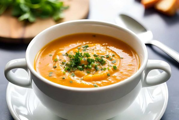 Bol à deux anses de velouté de potimarron parsemé de ciboulette