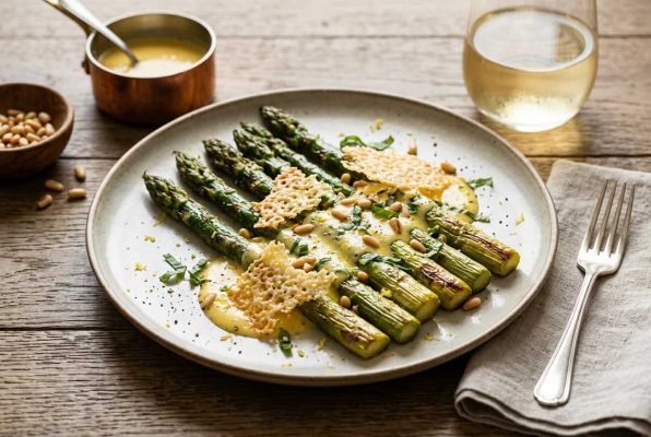 Asperges vertes rôties avec émulsion hollandaise citronnée et parmesan croustillant