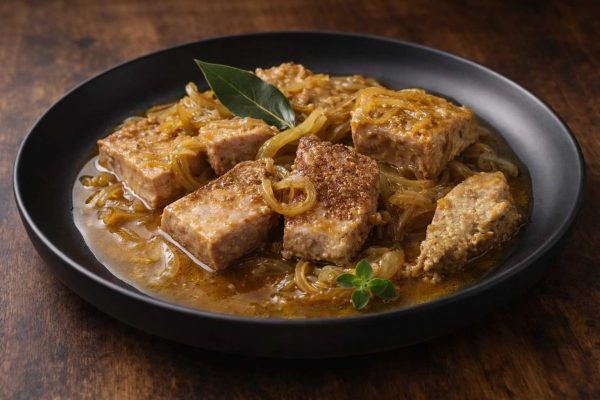 Assiette d'atún encebollado avec une feuille de laurier