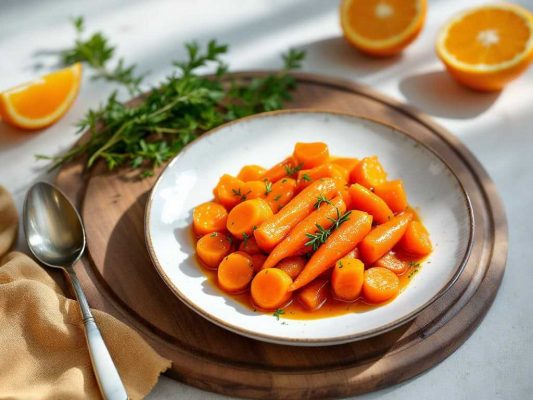 Assiette de carottes à l'orange, parsemées de thym, derrière, des quartier d'oranges et des brins de thym