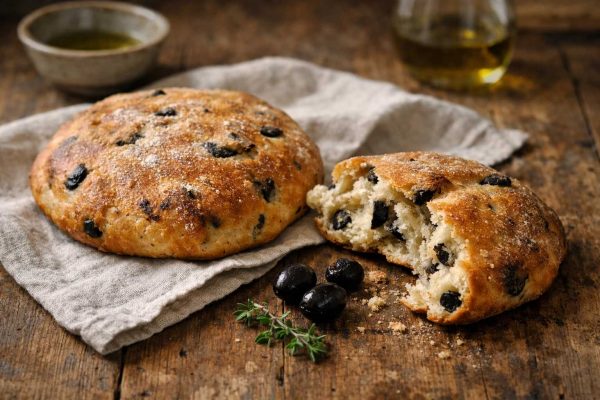 Deux eliopita sur un torchon, devant, des olives noires et un brin de thym