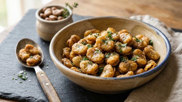 Petite assiette rustique de habas fritas parsemées de thym