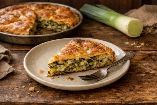 Part de lakror dans une assiette, derrière, le reste du lakror dans un plat et un poireau