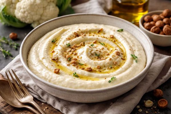 Assiette de mousseline de chou-fleur, ave un filet d'huile, des noisettes torréfiées et concassées et du thym