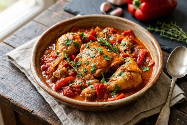 Assiette en terre cuite de pollo al chilindrón gaditano parsemé de thym et de persil ciselé