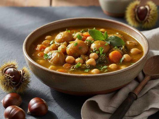 Assiette à soupe de potaje de castañas avec ses châtaignes, ses pois-chiches, parsemée de persil ciselé et avec des feuilles d'origan, à côté, des châtaignes et leurs bogues