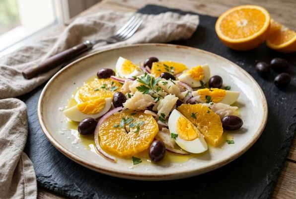 Assiette de remojón granadino, orange, morue salée, olives noires, œuf dur, oignon et persil