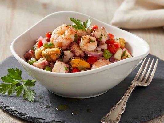 Assiette design de salpicón de mariscos avec crevettes, moules et poulpe