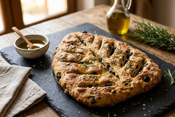 Fougasse aux olives noires et vertes traditionnelle, parfumée au romarin frais et fleur de sel.