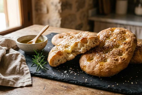 Pan de aceite traditionnel aux graines de sésame, fleur de sel et huile d'olive.