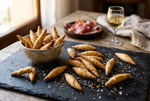 Picos au sésame, huile d'olive et fleur de sel, servis avec jambon ibérique et vin blanc.