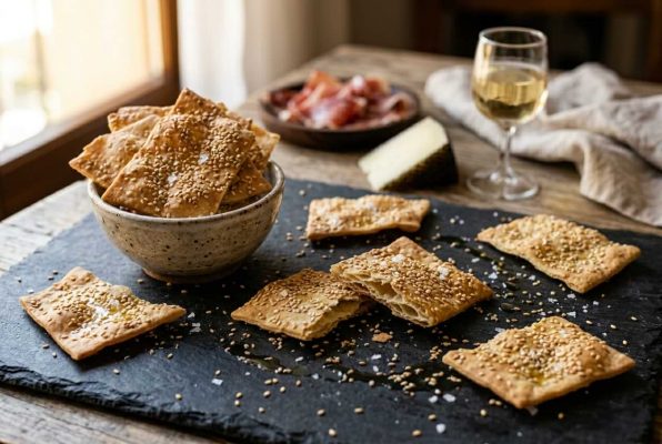 Regañas au sésame, jambon ibérique, fromage et vin blanc pour un apéritif espagnol.