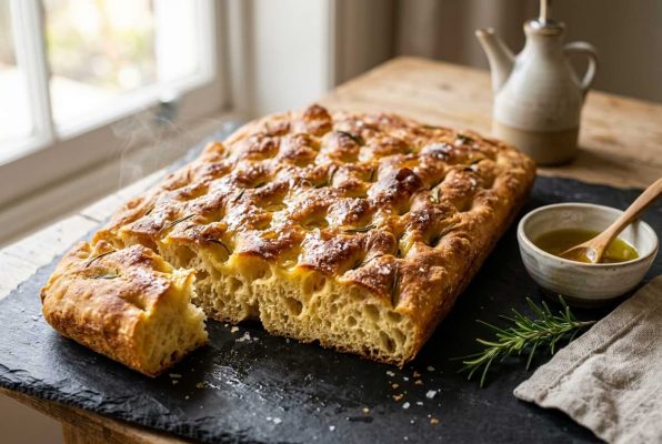 Pain focaccia italien traditionnel à l'huile d'olive et au romarin frais.