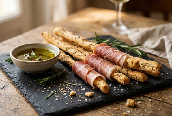 Grissini italiens croustillants avec prosciutto, huile d’olive et romarin sur ardoise