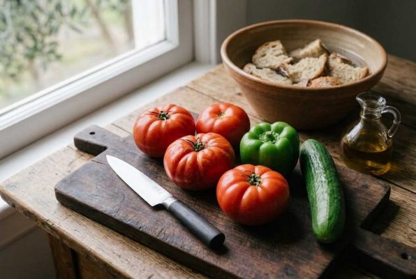 Préparation du sopeao andalou : tomates fraîches, poivron vert, concombre et pain rustique sur planche en bois. Recette traditionnelle de soupe froide au pain, simple et rafraîchissante du sud de l’Espagne.