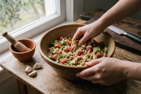 Préparation du sopeao andalou : mélange de pain rustique, tomates, concombre et poivron dans un grand bol en terre. Recette traditionnelle de soupe froide espagnole, simple et rafraîchissante.
