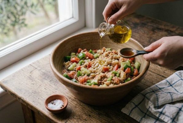 Préparation du sopeao andalou : filet d’huile d’olive versé sur un mélange de pain rustique, tomates et légumes frais dans un grand bol en terre. Recette traditionnelle de soupe froide espagnole simple et savoureuse.
