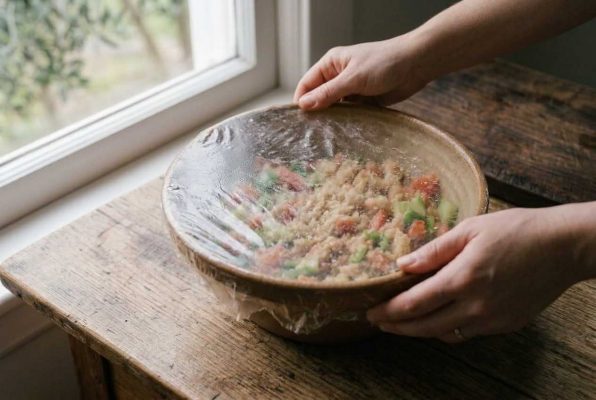 Préparation du sopeao andalou : bol de pain, tomates et légumes recouvert d’un film alimentaire pour repos. Recette traditionnelle de soupe froide espagnole, simple et rafraîchissante.