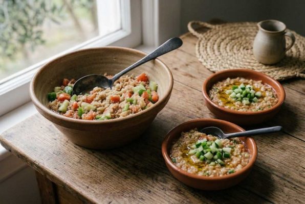 Sopeao andalou servi : soupe froide traditionnelle au pain, tomates, concombre et poivron dans des bols en terre cuite, arrosée d’huile d’olive. Recette rafraîchissante et authentique du sud de l’Espagne.