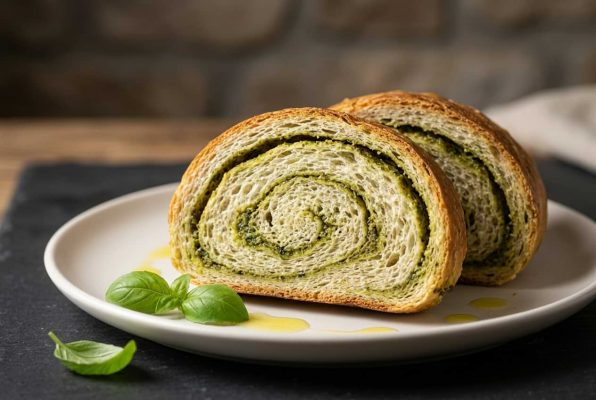 Pane al pesto artisanal tranché, pain moelleux à la spirale de pesto frais, présentation gourmande avec basilic et huile d’olive