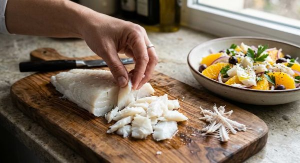 Préparation du remojón andalou : effilochage de morue fraîche sur planche en bois, à côté du bol de salade aux oranges, olives noires, oignons rouges et persil. Recette traditionnelle légère et savoureuse du sud de l’Espagne.