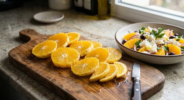 Préparation du remojón andalou : rondelles d’oranges fraîches sur planche en bois, à côté du bol de salade traditionnelle à la morue, olives noires, oignons rouges et persil. Recette méditerranéenne rafraîchissante.
