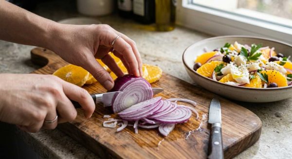 Préparation du remojón andalou : découpe d’oignons rouges sur planche en bois, à côté des oranges fraîches et du bol de salade traditionnelle à la morue, olives et persil. Recette méditerranéenne légère et savoureuse.