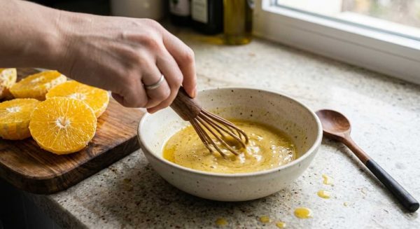Préparation de la vinaigrette du remojón andalou : émulsion d’une sauce onctueuse à base d’orange dans un bol, à côté de rondelles d’oranges fraîches sur planche en bois. Recette traditionnelle espagnole légère et parfumée.