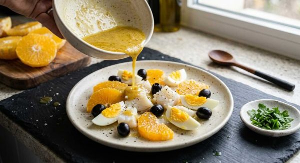 Assemblage du remojón andalou : sauce à l’orange versée sur une assiette de morue, oranges fraîches, œufs durs, olives noires et persil. Salade traditionnelle espagnole légère et pleine de saveurs.