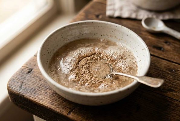 Préparation de la schiacciata toscane : levain actif et mousseux dans un bol, première étape de ce pain plat italien parfumé à l’huile d’olive et romarin.